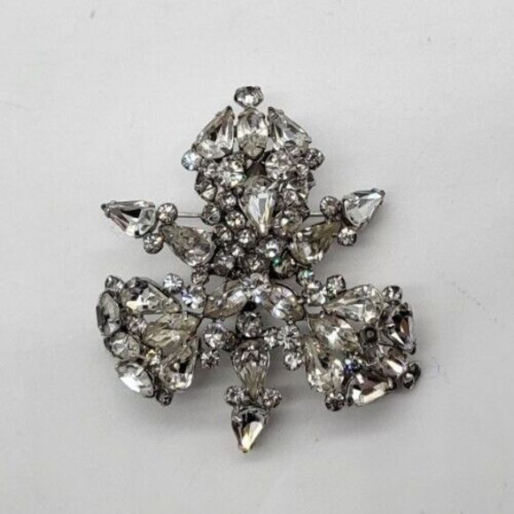 Vintage Rhinestone Orchid Brooch Schiaperelli Costume Jewelry Clear Stones 1950s